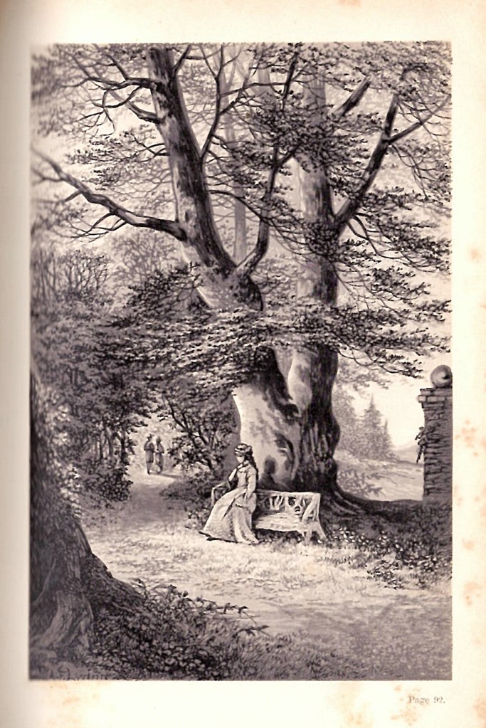 Fanny sitting on a seat watching Edmund and Miss Crawford walking togethe