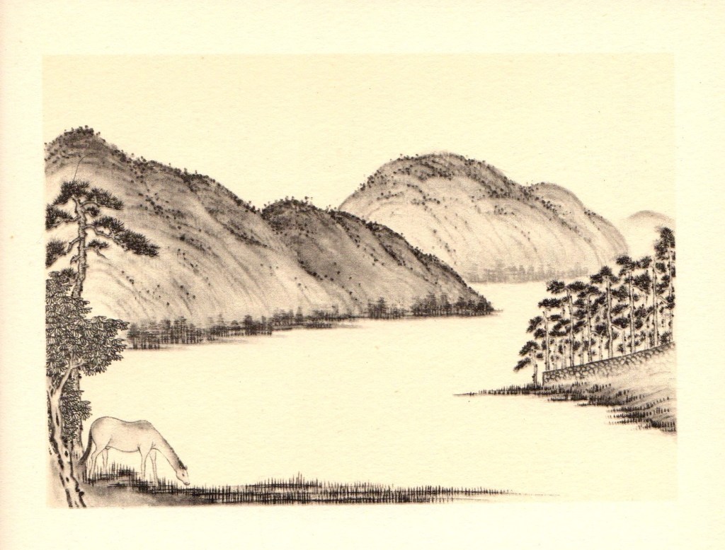A black ink wash painting depicting a serene landscape with mountains, a lake, and a grazing horse near the shore.